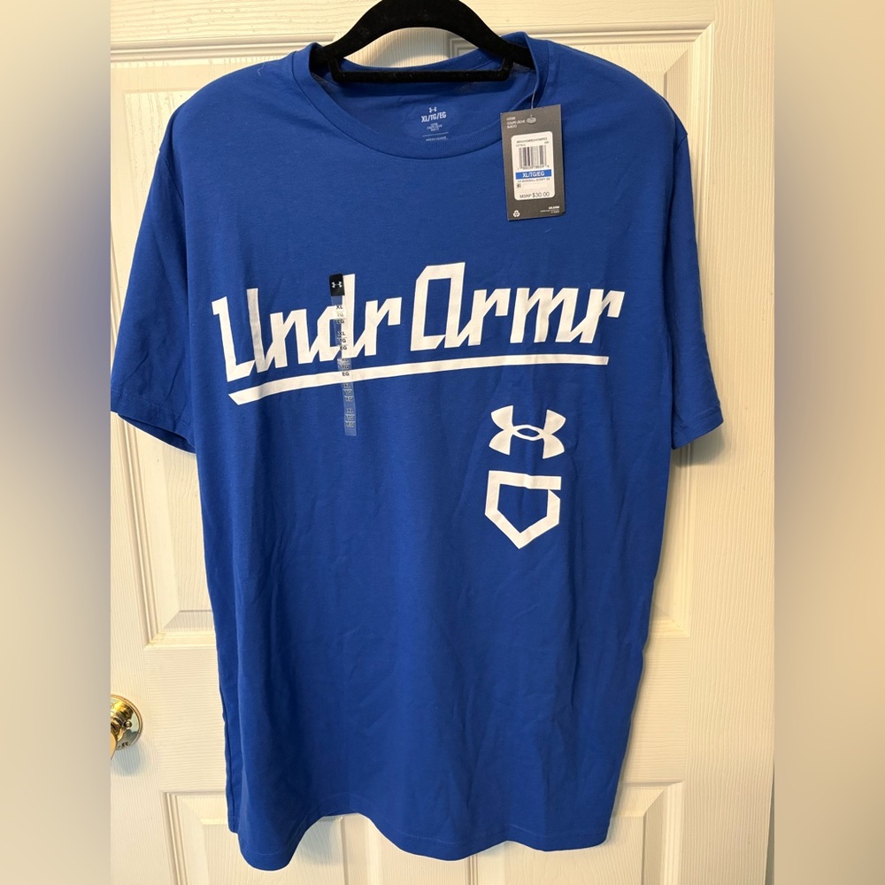 NWT Under Armour Shirt Men's UA Baseball Script Short Sleeve Tee Blue XL $30